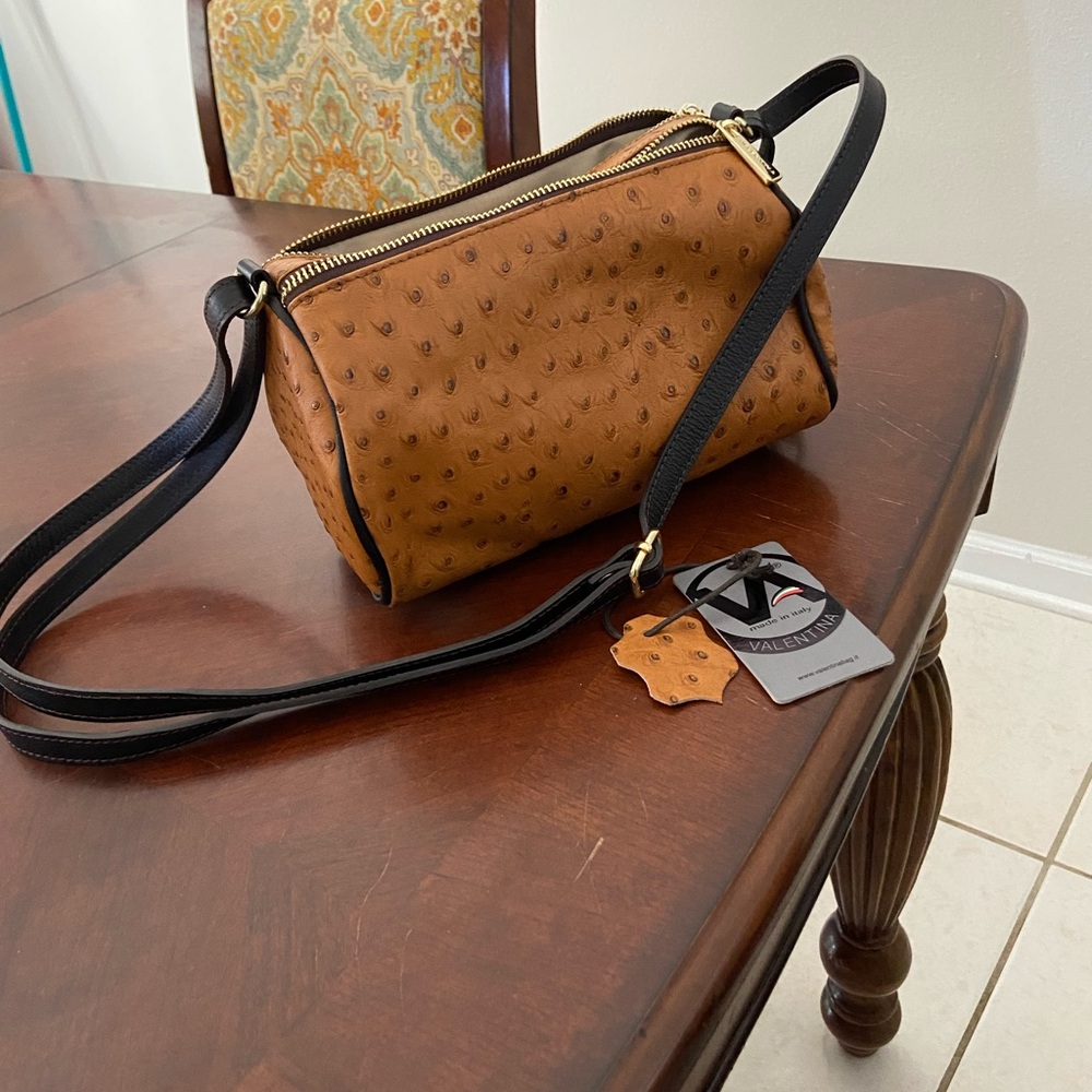 Valentina Genuine Leather Golden Ostrich Crossbody/Shoulder Bag NWT